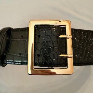 Risantry Wide Black Belt with Crocodile-Embossed Texture